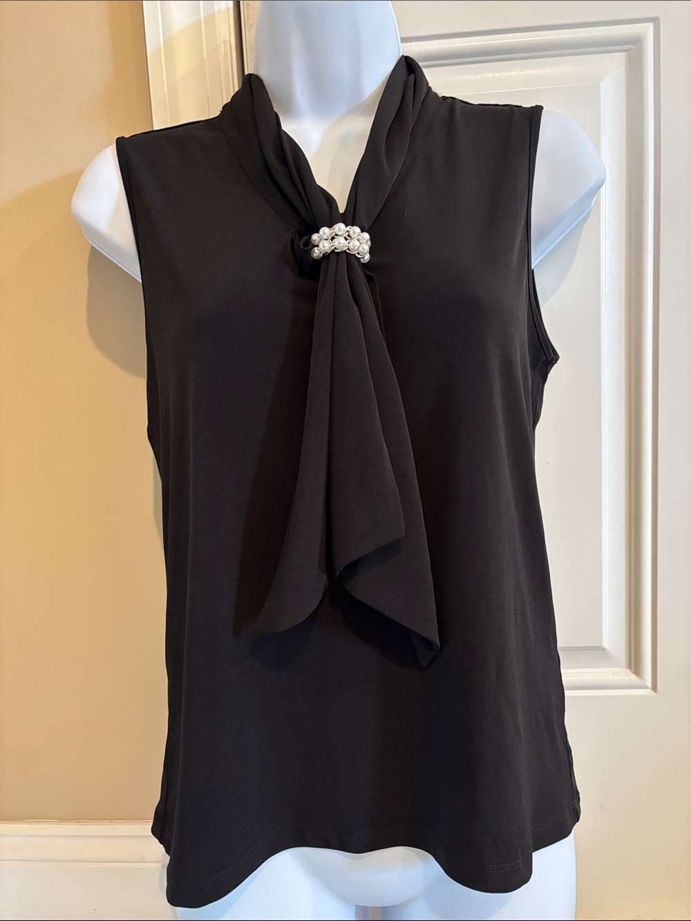 Karl Lagerfeld Black Sleeveless Tie-Neck Camisole with Pearl Embellishment